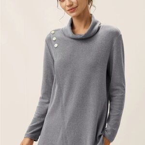 Elegant Gray Cowl Neck Sweater with Button Accents